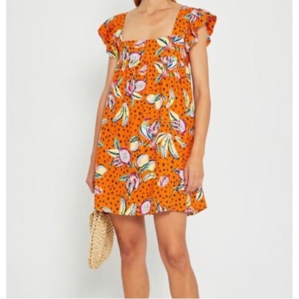Kourt Linen Vibrant Orange Tiered Mini Sundress with Flutter Sleeves XS Fruit